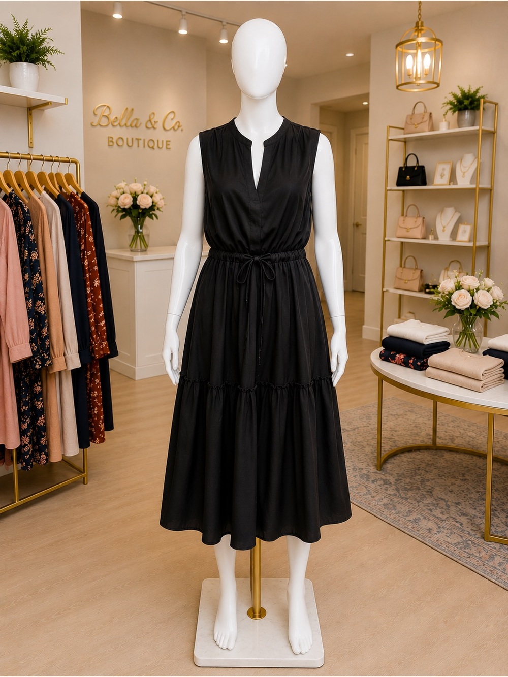Lands' End Black Sleeveless V-Neck Tiered Midi Dress